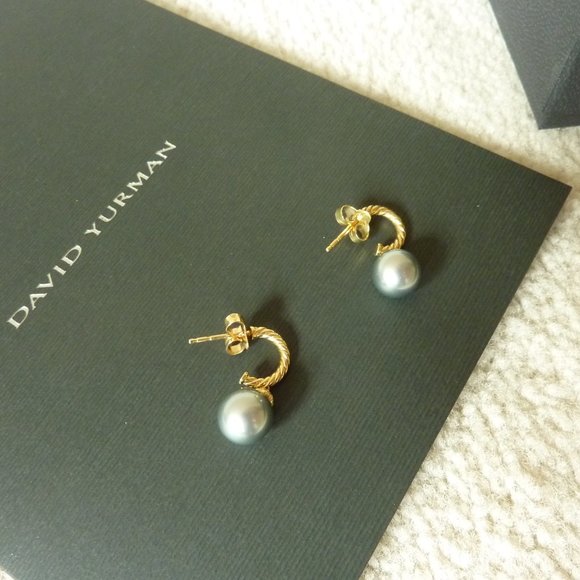 DAVID YURMAN 18K Gold 'Solari' Grey Pearl & Diamond Hoop Drop Earrings (NEW) - Picture 10 of 12
